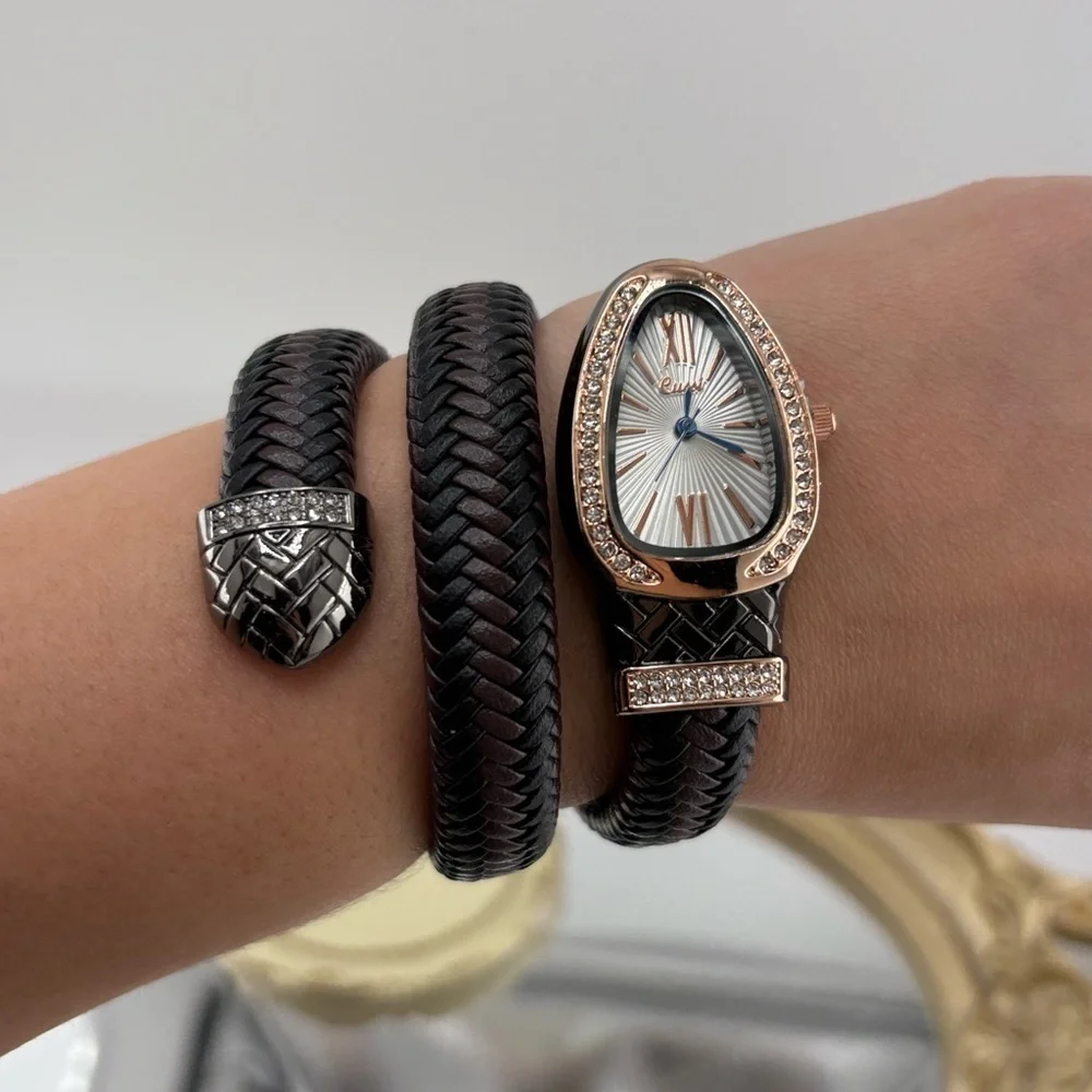 Serpenti Style Wrap Watch –Brown & Black Faux Leather Rose Gold Tone Silver Dial